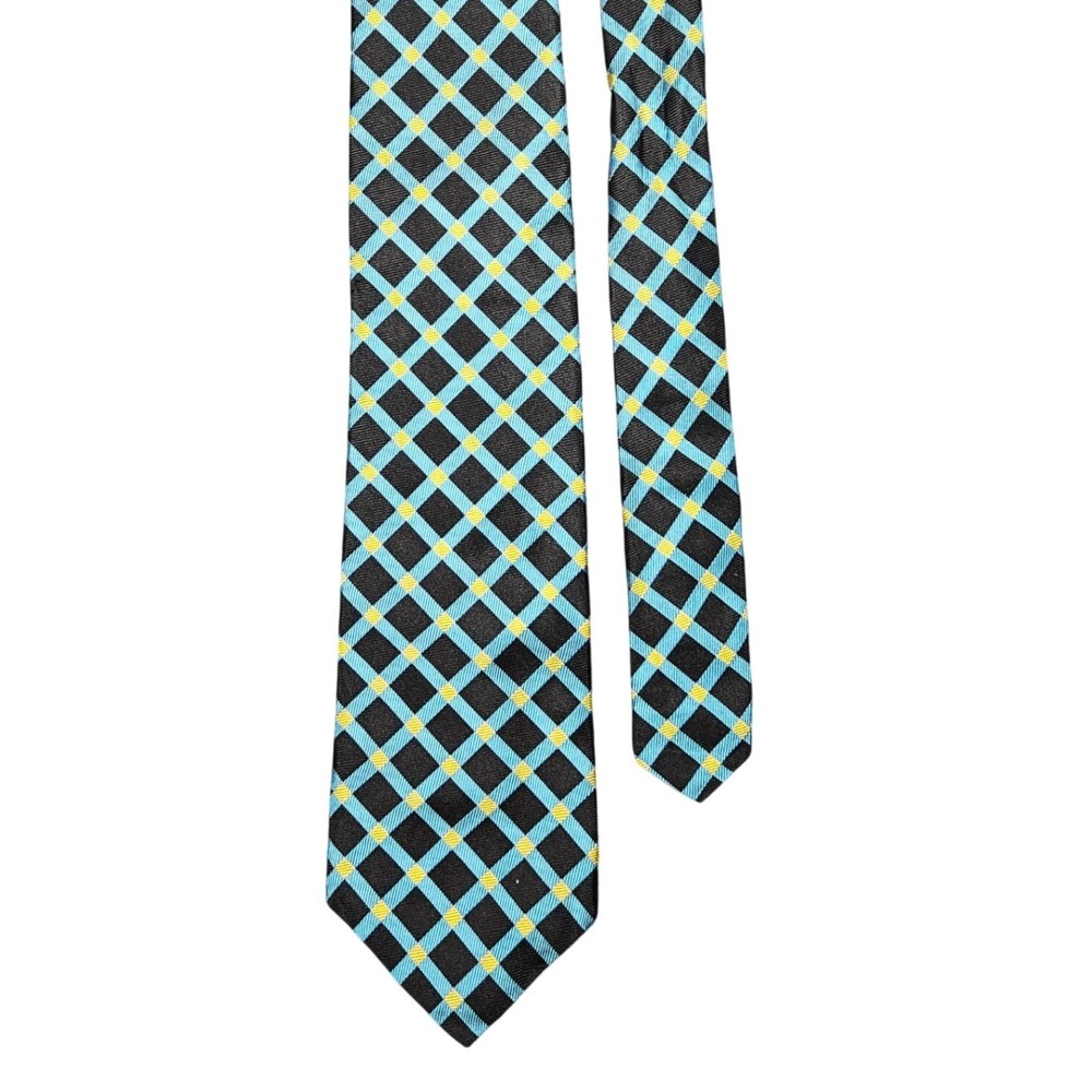 Barbara Blank Silk Tie Black Blue Yellow Argyle Geometric Luxury Vintage 90s